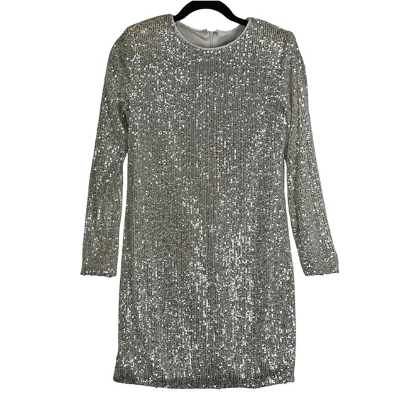 CeCe Sequin Mini Dress‎ Long Sleeve Party Cocktail Silver Size 6 - Picture 2 of 9